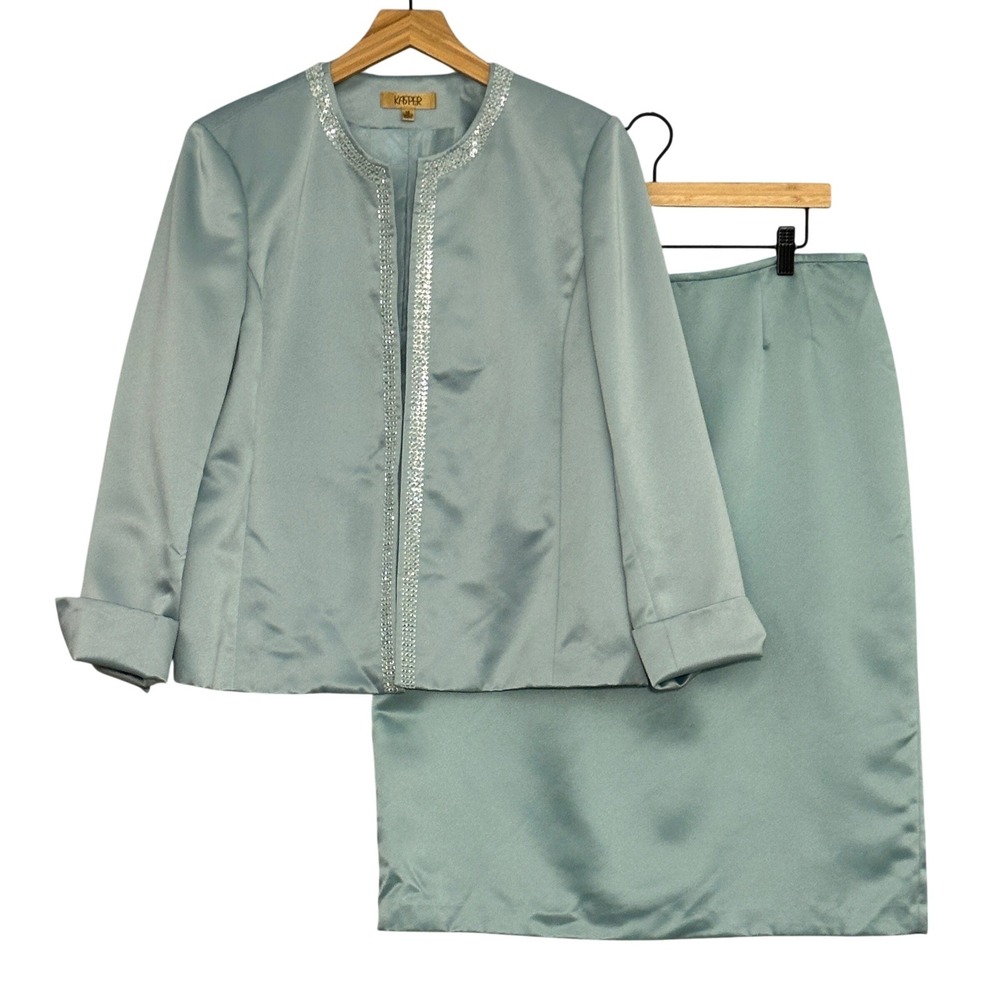 Kasper Womens Suit 14 Aqua Sage Satin Beaded Skirt Set Formal Evening Mother